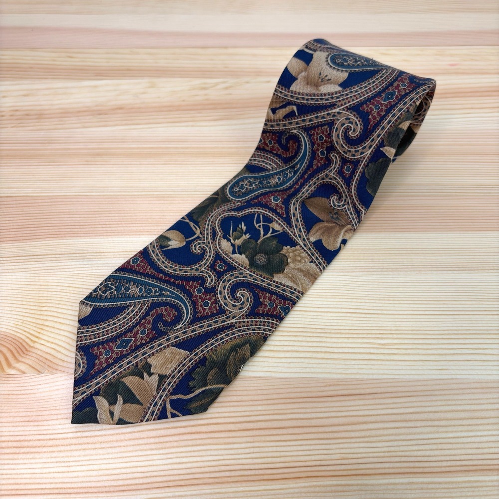 VTG Bert Pulitzer Silk Tie Men USA Jewel Tones Paisley Floral‎ Navy Burgundy 90s